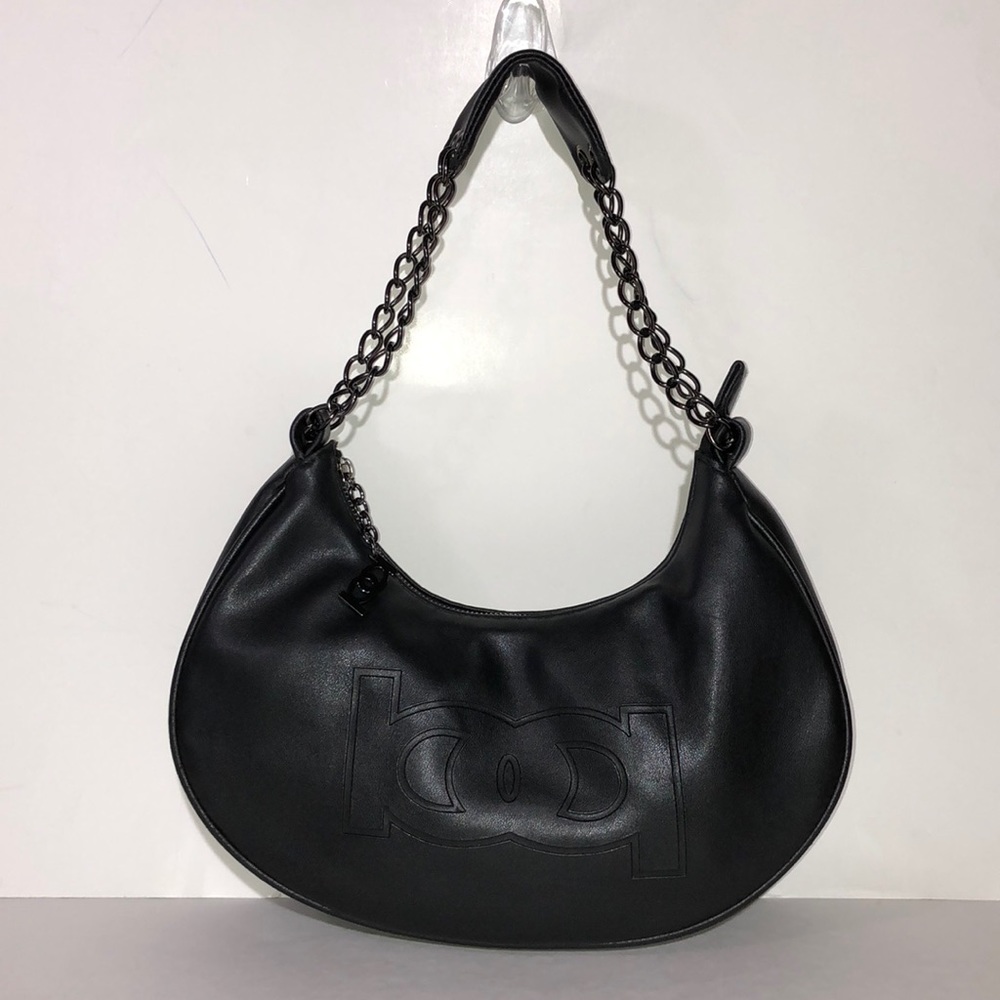 Bebe Black Leather Crescent Chain Hobo Handbag